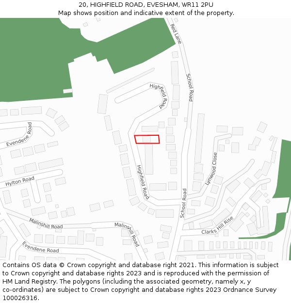 20, HIGHFIELD ROAD, EVESHAM, WR11 2PU: Location map and indicative extent of plot