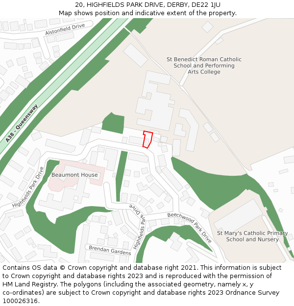 20, HIGHFIELDS PARK DRIVE, DERBY, DE22 1JU: Location map and indicative extent of plot