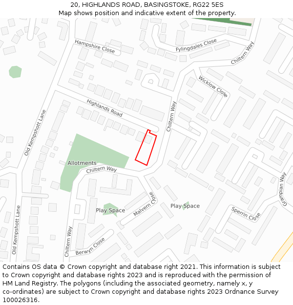 20, HIGHLANDS ROAD, BASINGSTOKE, RG22 5ES: Location map and indicative extent of plot
