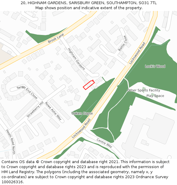 20, HIGHNAM GARDENS, SARISBURY GREEN, SOUTHAMPTON, SO31 7TL: Location map and indicative extent of plot