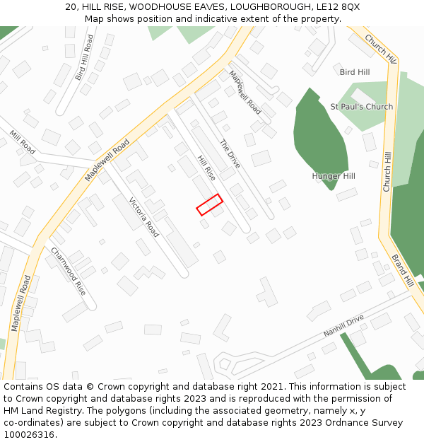 20, HILL RISE, WOODHOUSE EAVES, LOUGHBOROUGH, LE12 8QX: Location map and indicative extent of plot