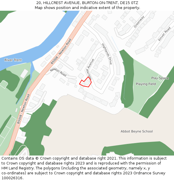 20, HILLCREST AVENUE, BURTON-ON-TRENT, DE15 0TZ: Location map and indicative extent of plot