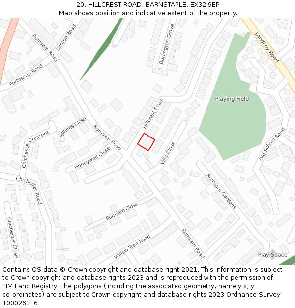 20, HILLCREST ROAD, BARNSTAPLE, EX32 9EP: Location map and indicative extent of plot