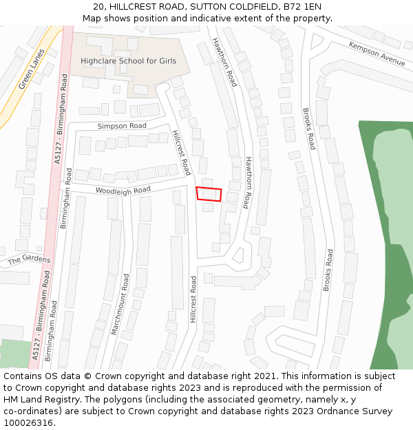 20, HILLCREST ROAD, SUTTON COLDFIELD, B72 1EN: Location map and indicative extent of plot