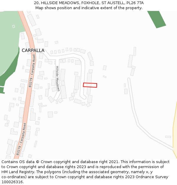 20, HILLSIDE MEADOWS, FOXHOLE, ST AUSTELL, PL26 7TA: Location map and indicative extent of plot