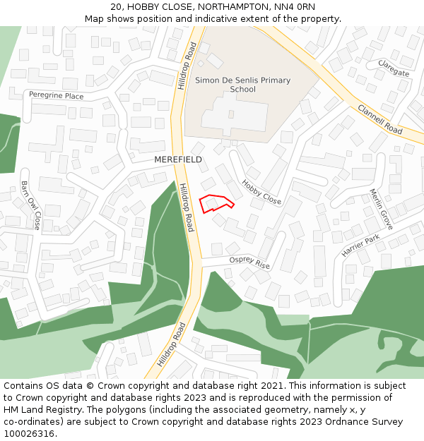 20, HOBBY CLOSE, NORTHAMPTON, NN4 0RN: Location map and indicative extent of plot