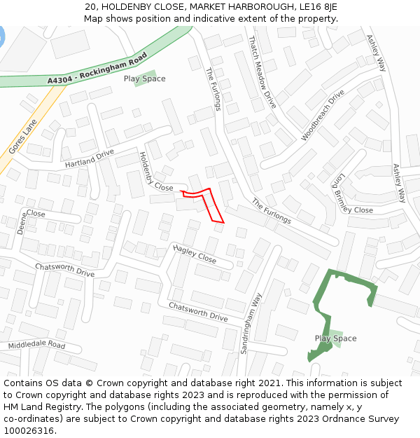 20, HOLDENBY CLOSE, MARKET HARBOROUGH, LE16 8JE: Location map and indicative extent of plot