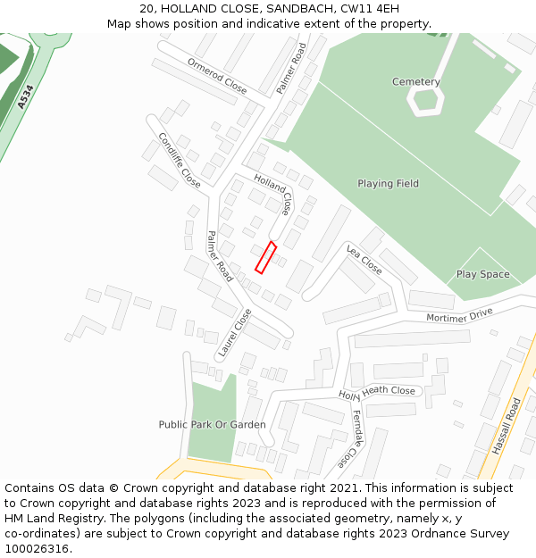 20, HOLLAND CLOSE, SANDBACH, CW11 4EH: Location map and indicative extent of plot