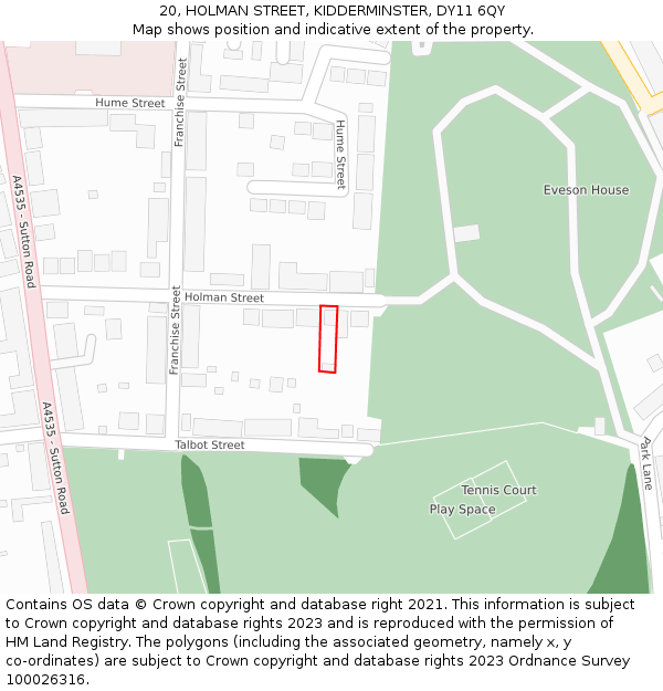 20, HOLMAN STREET, KIDDERMINSTER, DY11 6QY: Location map and indicative extent of plot