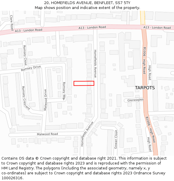 20, HOMEFIELDS AVENUE, BENFLEET, SS7 5TY: Location map and indicative extent of plot