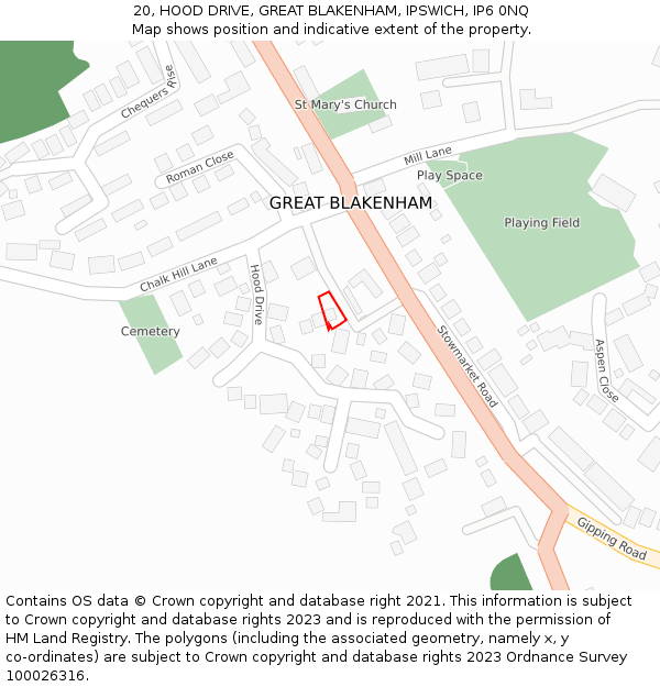 20, HOOD DRIVE, GREAT BLAKENHAM, IPSWICH, IP6 0NQ: Location map and indicative extent of plot