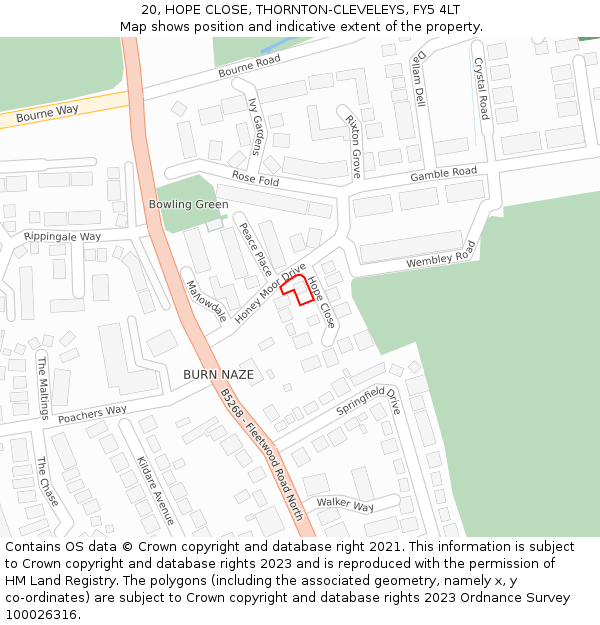 20, HOPE CLOSE, THORNTON-CLEVELEYS, FY5 4LT: Location map and indicative extent of plot
