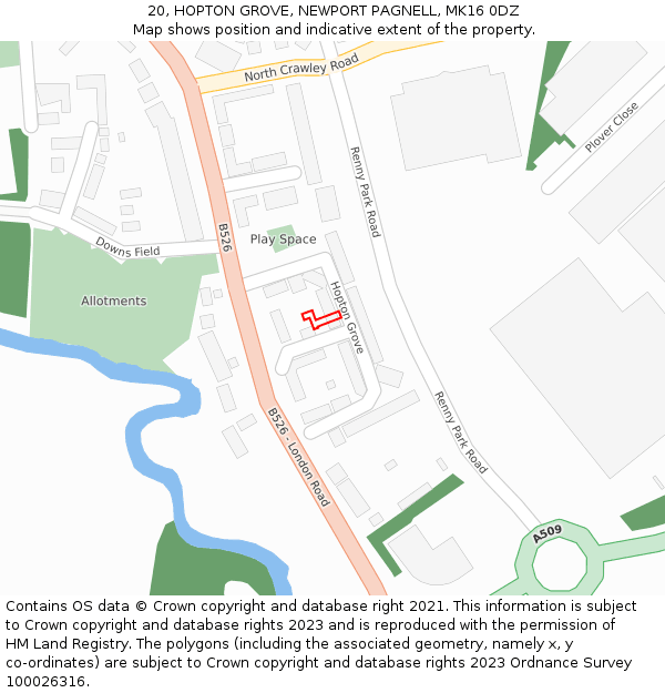 20, HOPTON GROVE, NEWPORT PAGNELL, MK16 0DZ: Location map and indicative extent of plot