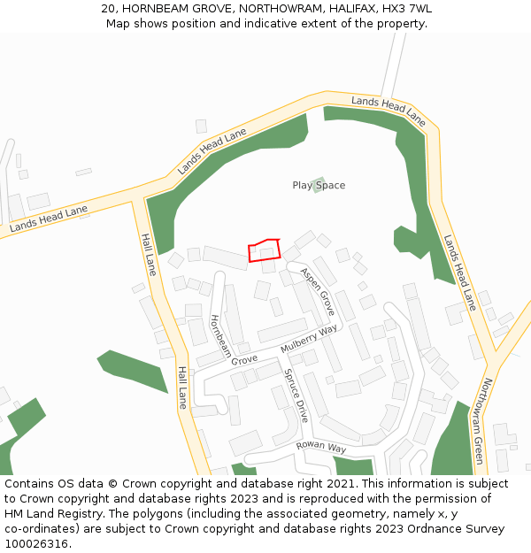 20, HORNBEAM GROVE, NORTHOWRAM, HALIFAX, HX3 7WL: Location map and indicative extent of plot
