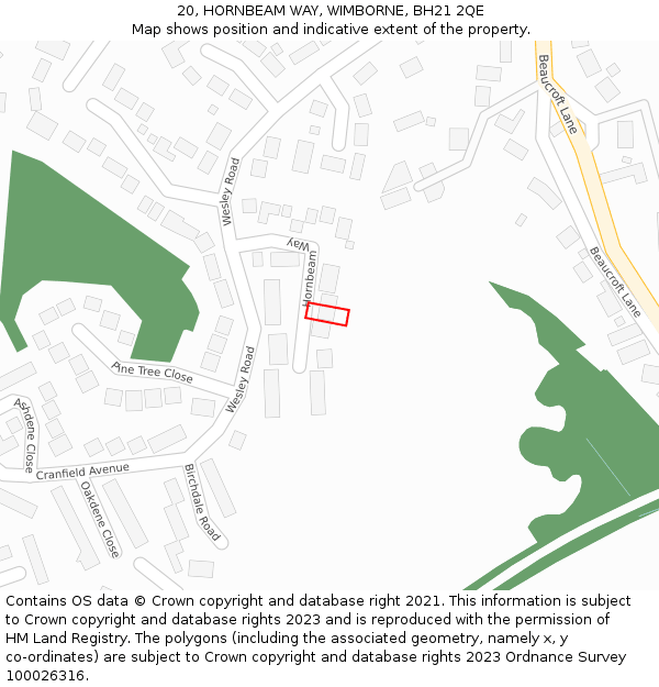 20, HORNBEAM WAY, WIMBORNE, BH21 2QE: Location map and indicative extent of plot