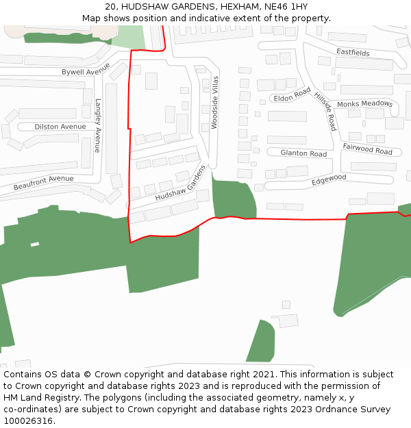 20, HUDSHAW GARDENS, HEXHAM, NE46 1HY: Location map and indicative extent of plot