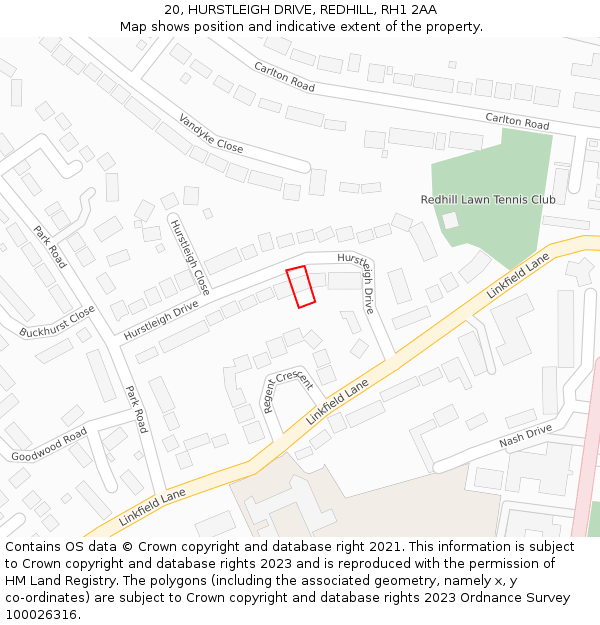 20, HURSTLEIGH DRIVE, REDHILL, RH1 2AA: Location map and indicative extent of plot