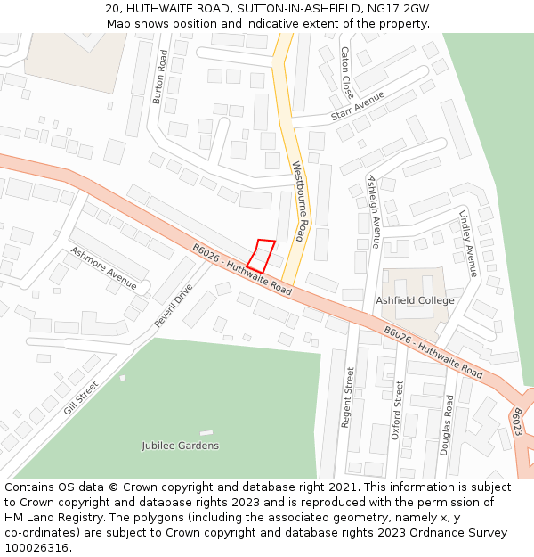 20, HUTHWAITE ROAD, SUTTON-IN-ASHFIELD, NG17 2GW: Location map and indicative extent of plot