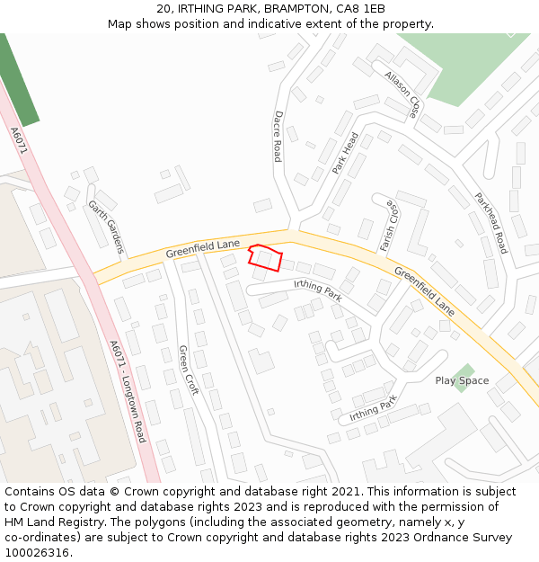 20, IRTHING PARK, BRAMPTON, CA8 1EB: Location map and indicative extent of plot