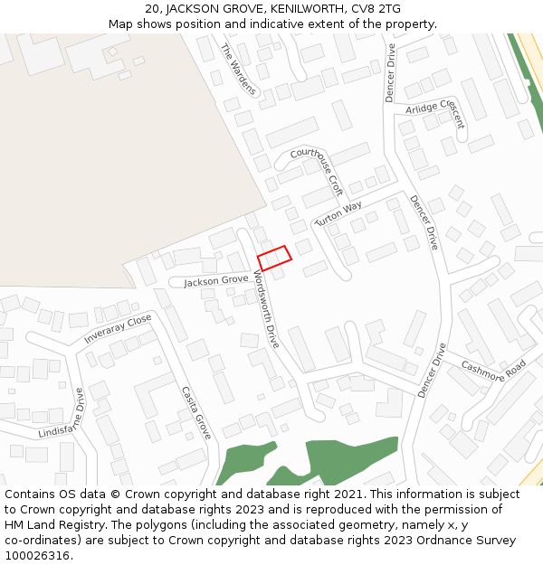 20, JACKSON GROVE, KENILWORTH, CV8 2TG: Location map and indicative extent of plot