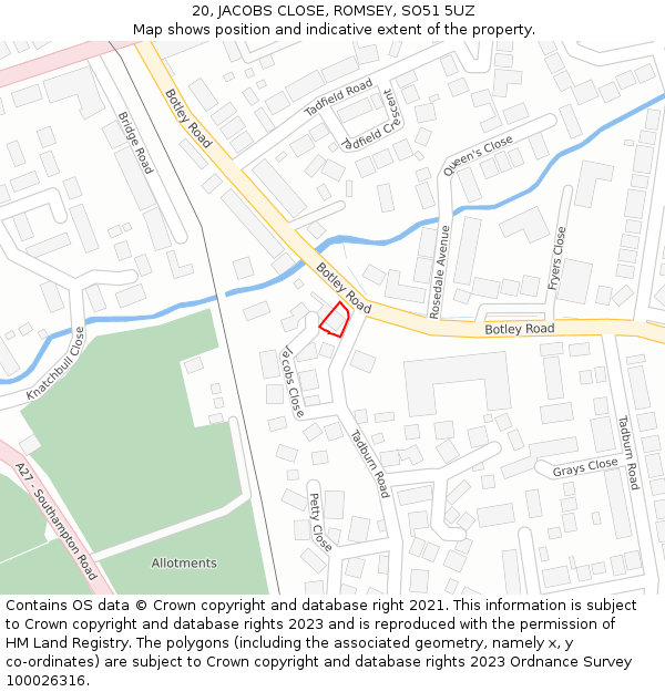 20, JACOBS CLOSE, ROMSEY, SO51 5UZ: Location map and indicative extent of plot