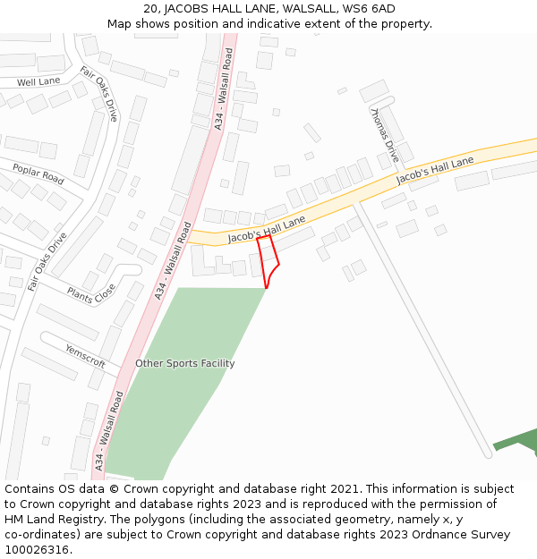 20, JACOBS HALL LANE, WALSALL, WS6 6AD: Location map and indicative extent of plot