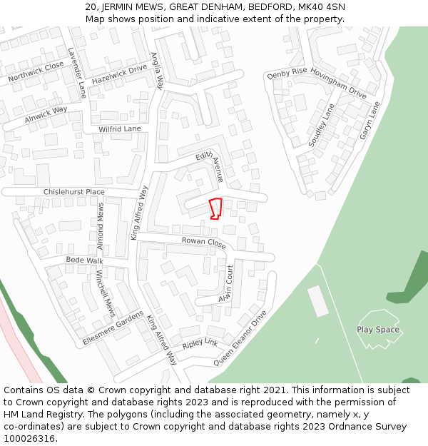 20, JERMIN MEWS, GREAT DENHAM, BEDFORD, MK40 4SN: Location map and indicative extent of plot