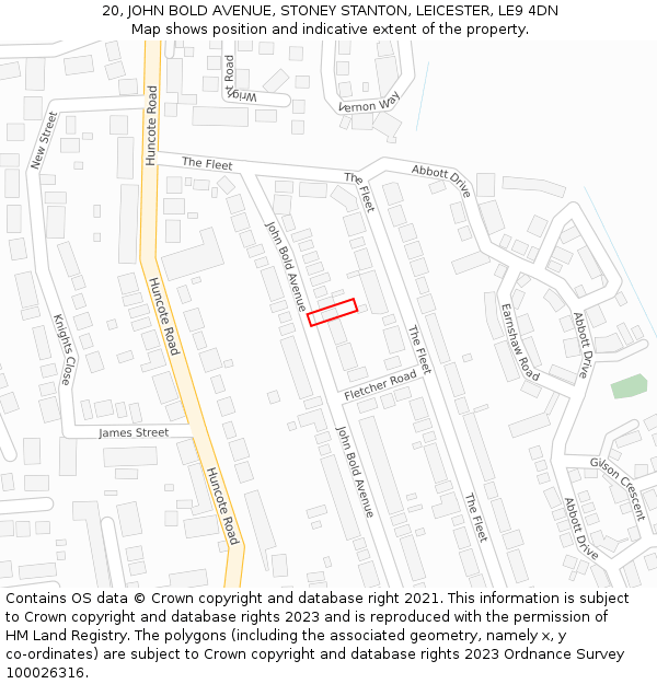 20, JOHN BOLD AVENUE, STONEY STANTON, LEICESTER, LE9 4DN: Location map and indicative extent of plot