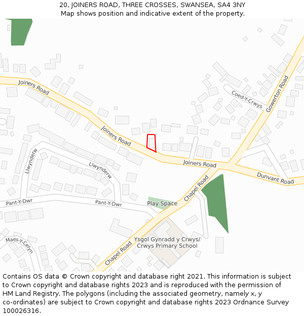 20, JOINERS ROAD, THREE CROSSES, SWANSEA, SA4 3NY: Location map and indicative extent of plot