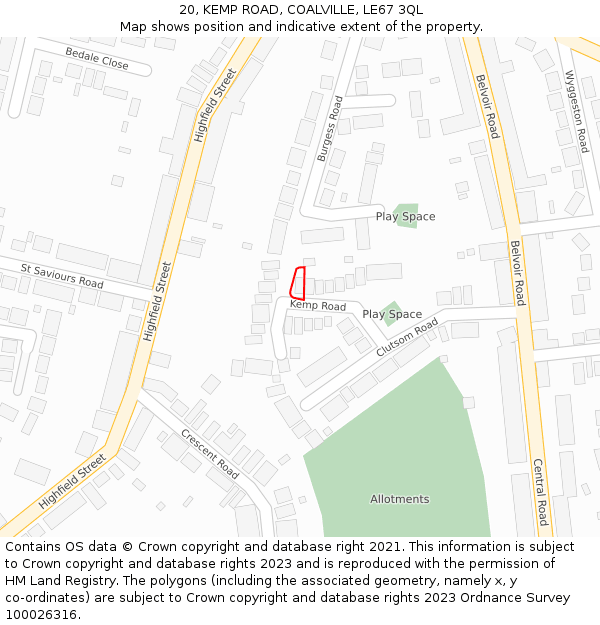 20, KEMP ROAD, COALVILLE, LE67 3QL: Location map and indicative extent of plot