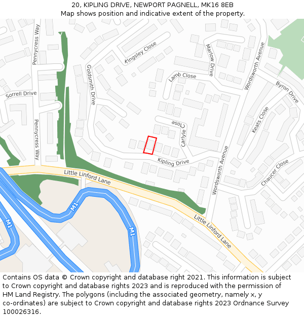 20, KIPLING DRIVE, NEWPORT PAGNELL, MK16 8EB: Location map and indicative extent of plot