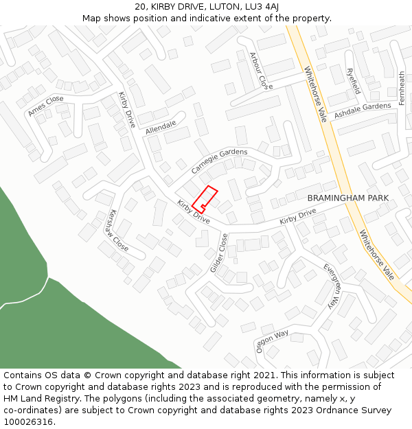 20, KIRBY DRIVE, LUTON, LU3 4AJ: Location map and indicative extent of plot