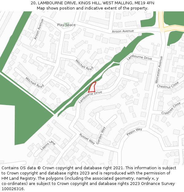 20, LAMBOURNE DRIVE, KINGS HILL, WEST MALLING, ME19 4FN: Location map and indicative extent of plot