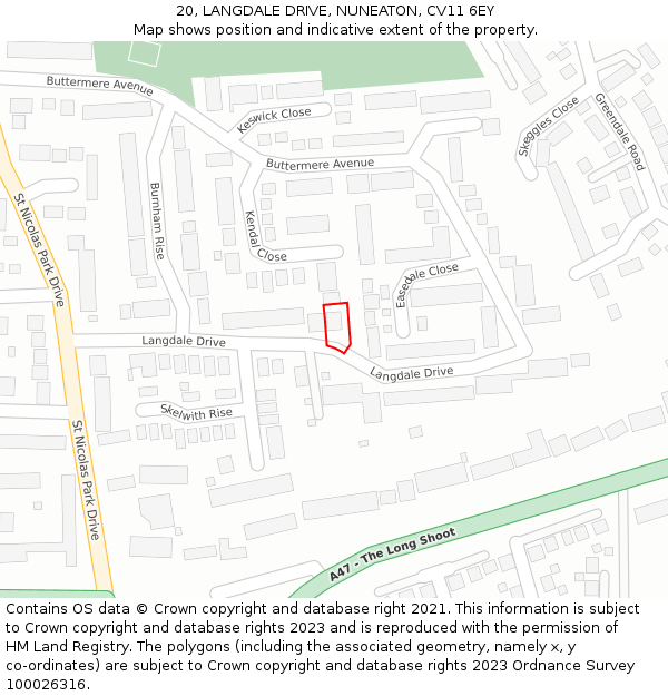 20, LANGDALE DRIVE, NUNEATON, CV11 6EY: Location map and indicative extent of plot