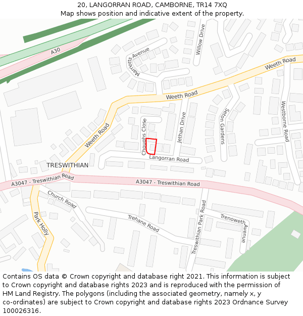 20, LANGORRAN ROAD, CAMBORNE, TR14 7XQ: Location map and indicative extent of plot