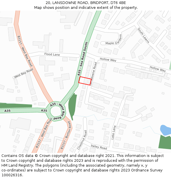 20, LANSDOWNE ROAD, BRIDPORT, DT6 4BE: Location map and indicative extent of plot