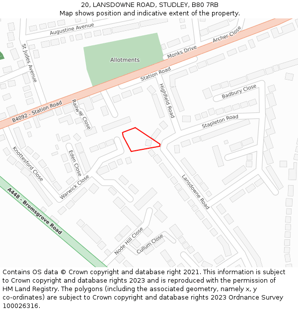 20, LANSDOWNE ROAD, STUDLEY, B80 7RB: Location map and indicative extent of plot