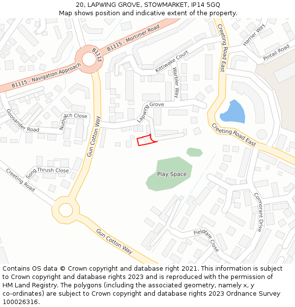 20, LAPWING GROVE, STOWMARKET, IP14 5GQ: Location map and indicative extent of plot