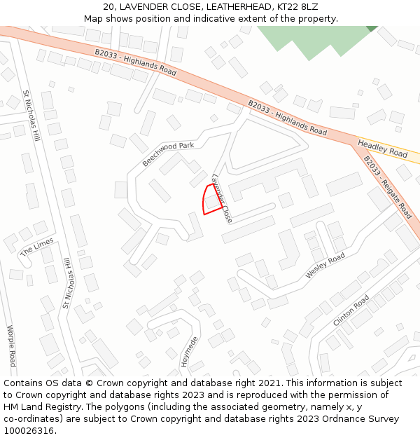 20, LAVENDER CLOSE, LEATHERHEAD, KT22 8LZ: Location map and indicative extent of plot