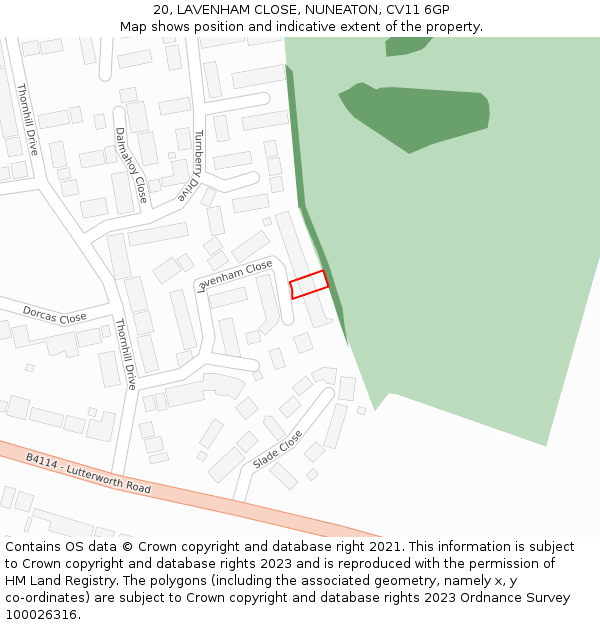 20, LAVENHAM CLOSE, NUNEATON, CV11 6GP: Location map and indicative extent of plot