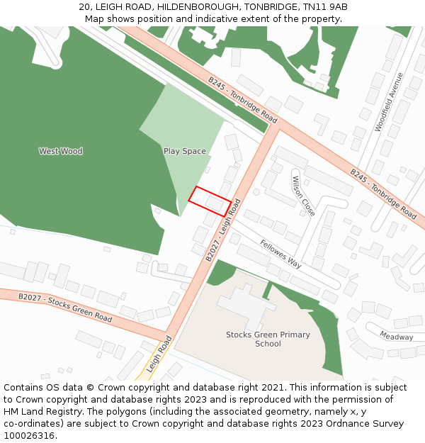 20, LEIGH ROAD, HILDENBOROUGH, TONBRIDGE, TN11 9AB: Location map and indicative extent of plot