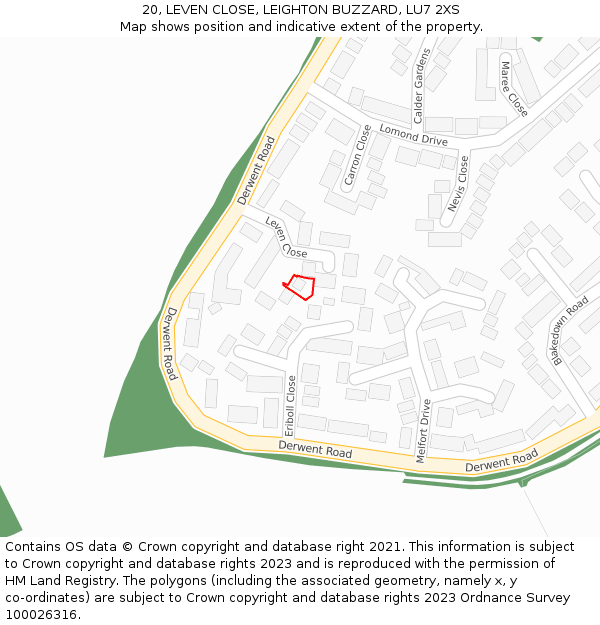 20, LEVEN CLOSE, LEIGHTON BUZZARD, LU7 2XS: Location map and indicative extent of plot