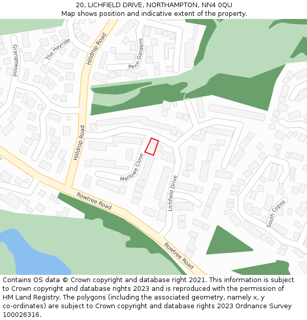 20, LICHFIELD DRIVE, NORTHAMPTON, NN4 0QU: Location map and indicative extent of plot