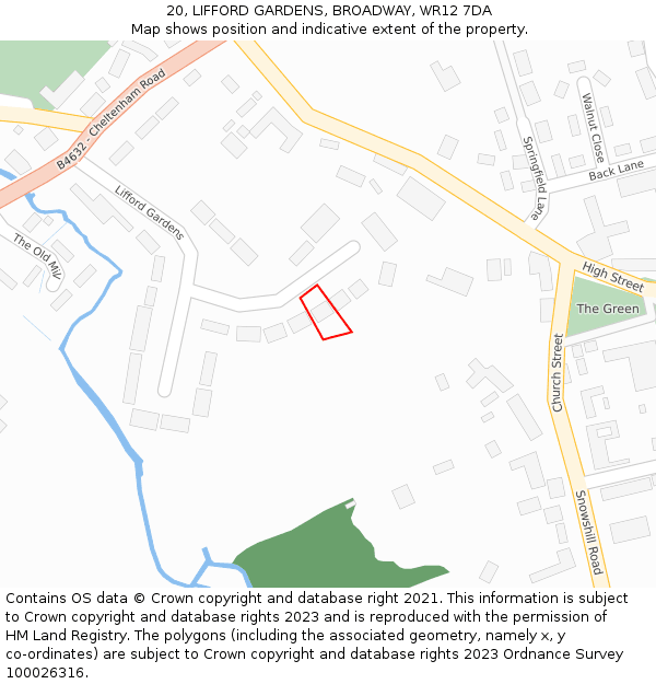 20, LIFFORD GARDENS, BROADWAY, WR12 7DA: Location map and indicative extent of plot