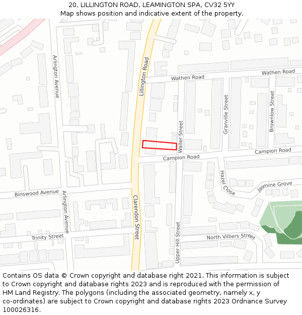 20, LILLINGTON ROAD, LEAMINGTON SPA, CV32 5YY: Location map and indicative extent of plot