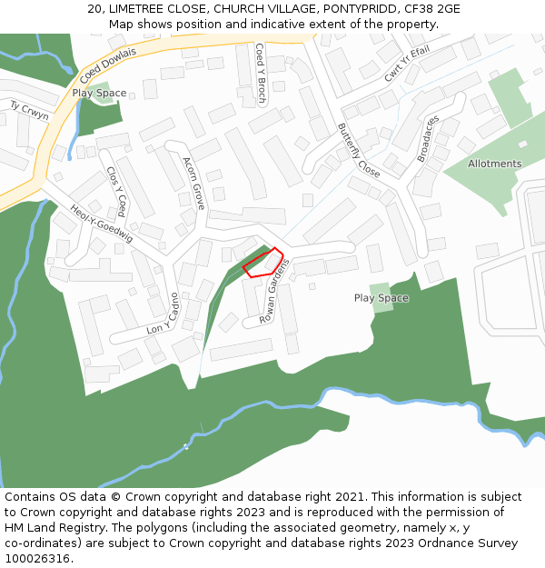 20, LIMETREE CLOSE, CHURCH VILLAGE, PONTYPRIDD, CF38 2GE: Location map and indicative extent of plot