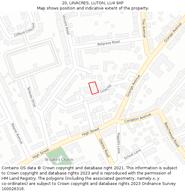 20, LINACRES, LUTON, LU4 9XP: Location map and indicative extent of plot