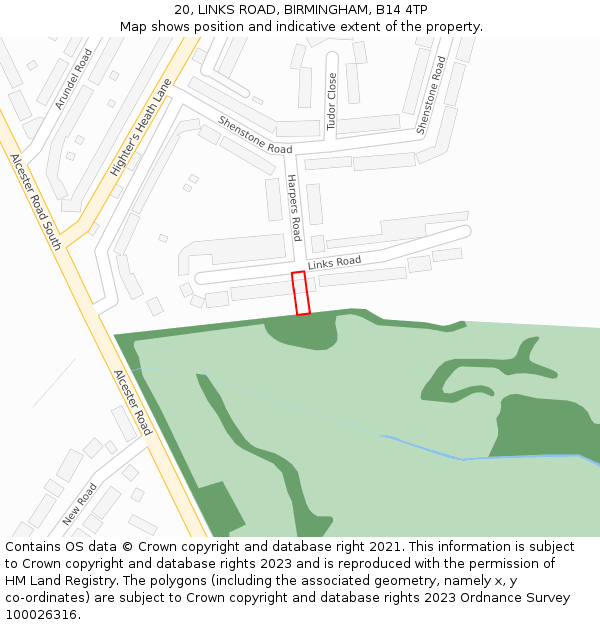 20, LINKS ROAD, BIRMINGHAM, B14 4TP: Location map and indicative extent of plot