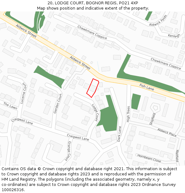 20, LODGE COURT, BOGNOR REGIS, PO21 4XP: Location map and indicative extent of plot