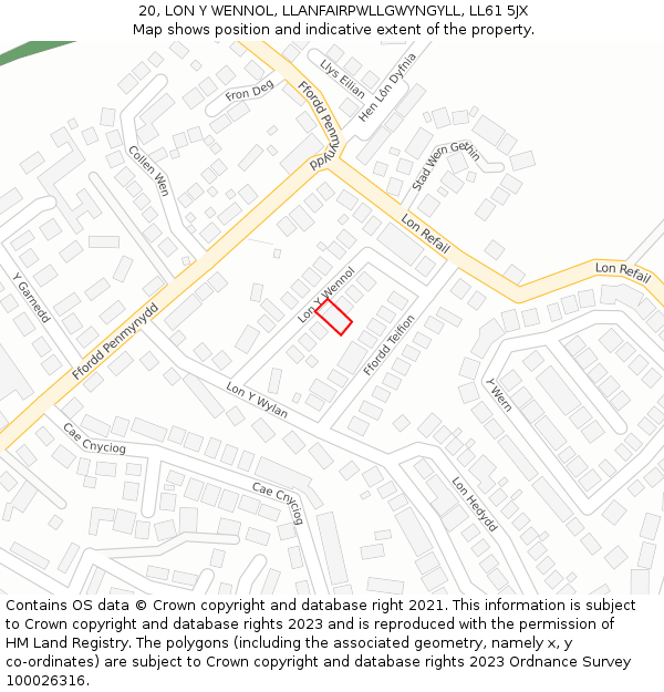 20, LON Y WENNOL, LLANFAIRPWLLGWYNGYLL, LL61 5JX: Location map and indicative extent of plot